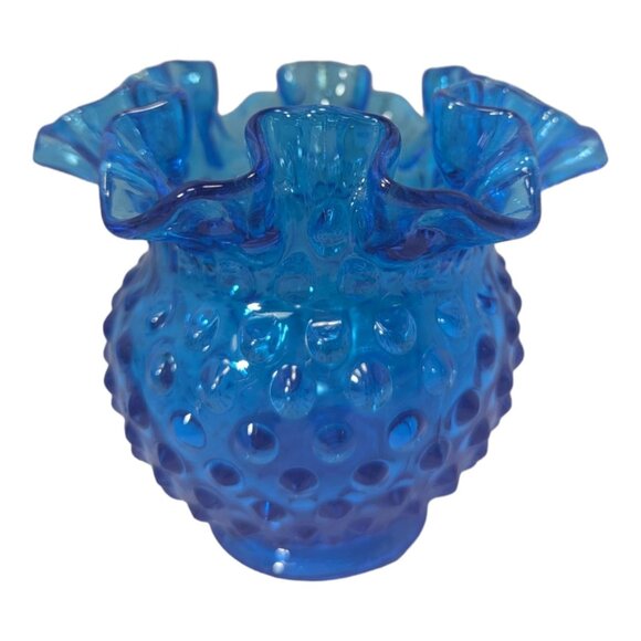 Fenton Other - Vintage 1970s Fenton Hobnail Colonial Blue Glass Vase With Ruffled Edge 4.25x4"
